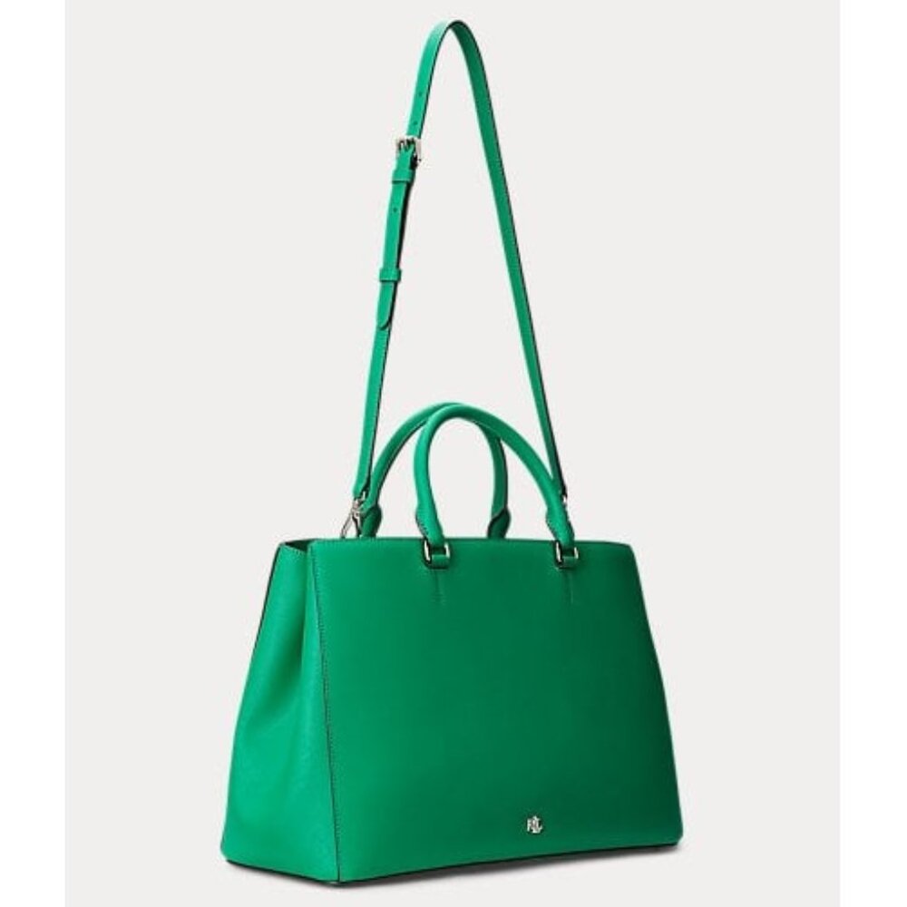 NWOT Lauren Ralph Lauren Large Hanna Satchel Crosshatch Leather Emerald Green - Picture 12 of 12
